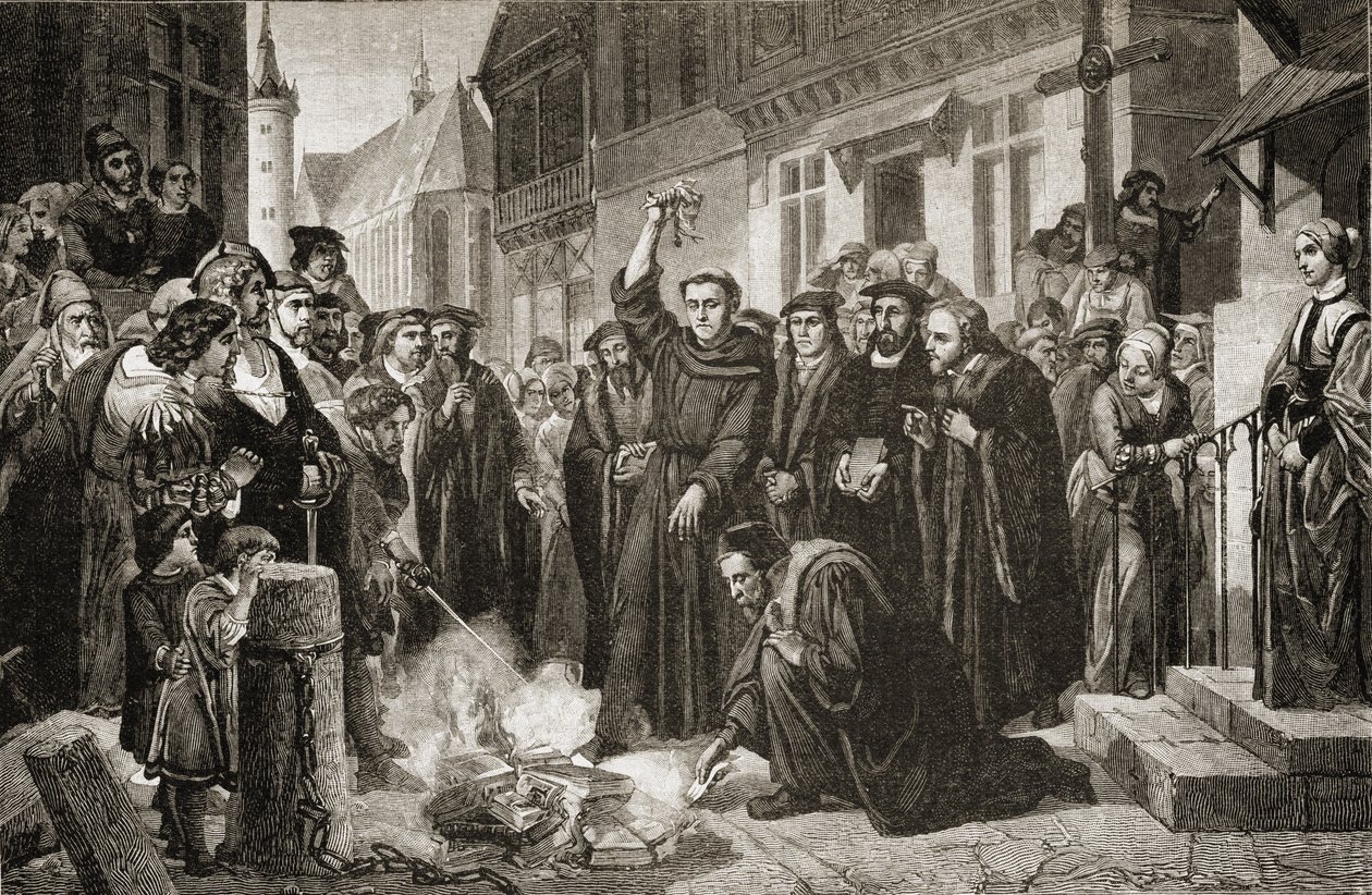 Marcin Luter (1483-1556) palący bullę papieską w 1520 r autorstwa English School