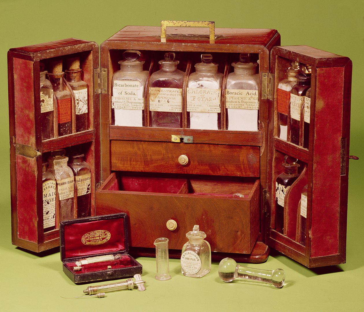 Skrzynia medyczna od Dinneford Family Chemist (mahoń) autorstwa English School