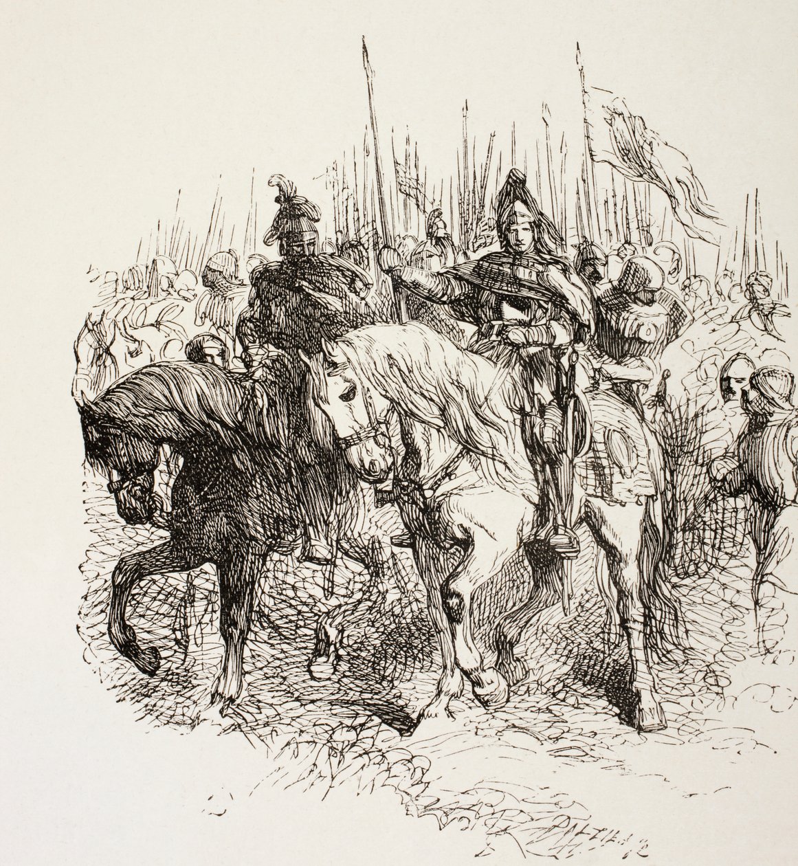 Marsz średniowiecznej armii dowodzonej przez rycerzy na koniach, z „Ilustrowanej Biblioteki Szekspir”, wydanej w Londynie 1890 autorstwa English School