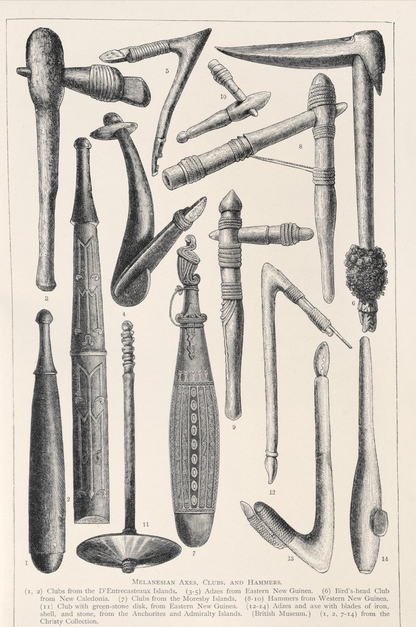 Melanezyjskie topory, maczugi i młotki, z Historii ludzkości, t. 1, autorstwa prof. Friedricha Ratzela, 1896 autorstwa English School