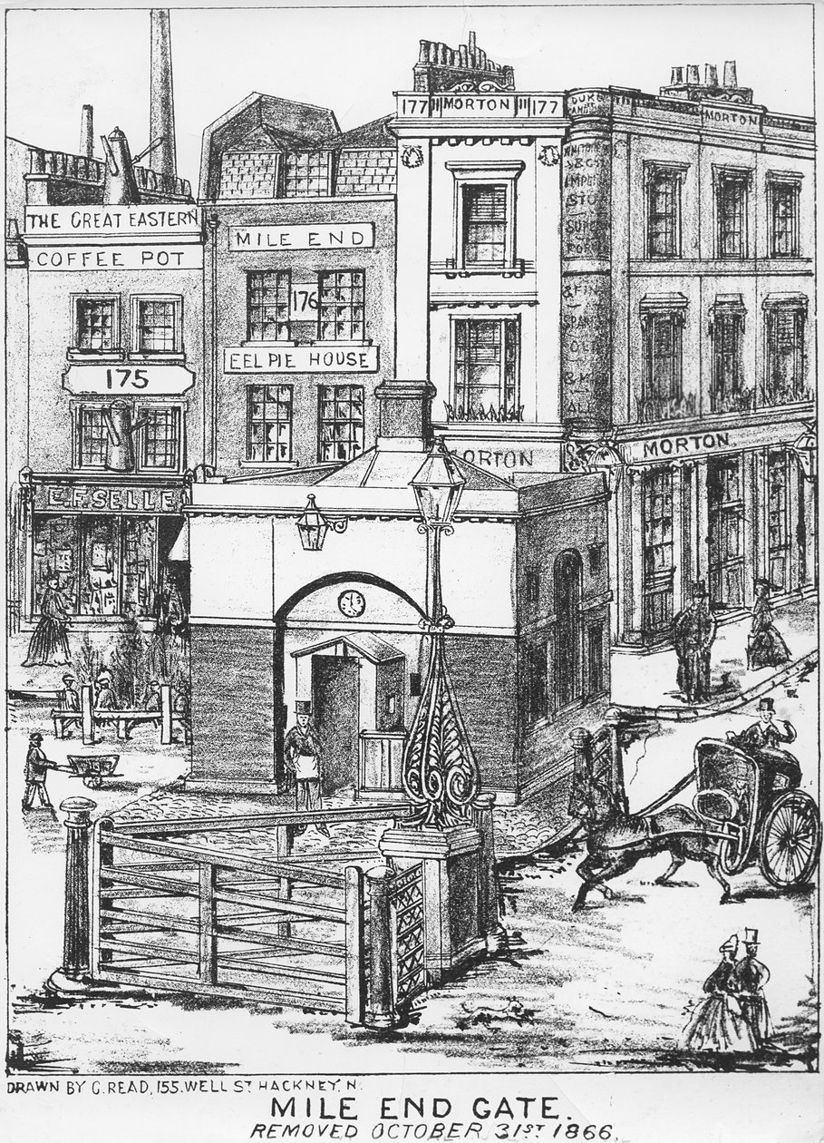 Mile End Gate, ok. 1866 (pióro i węgiel na papierze) autorstwa English School