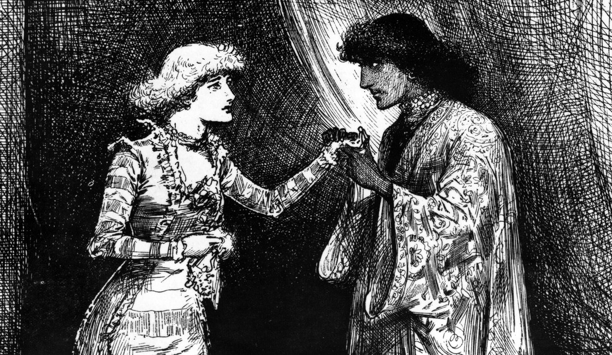 Panna Ellen Terry jako Desdemona i pan Irving jako Otello autorstwa English School