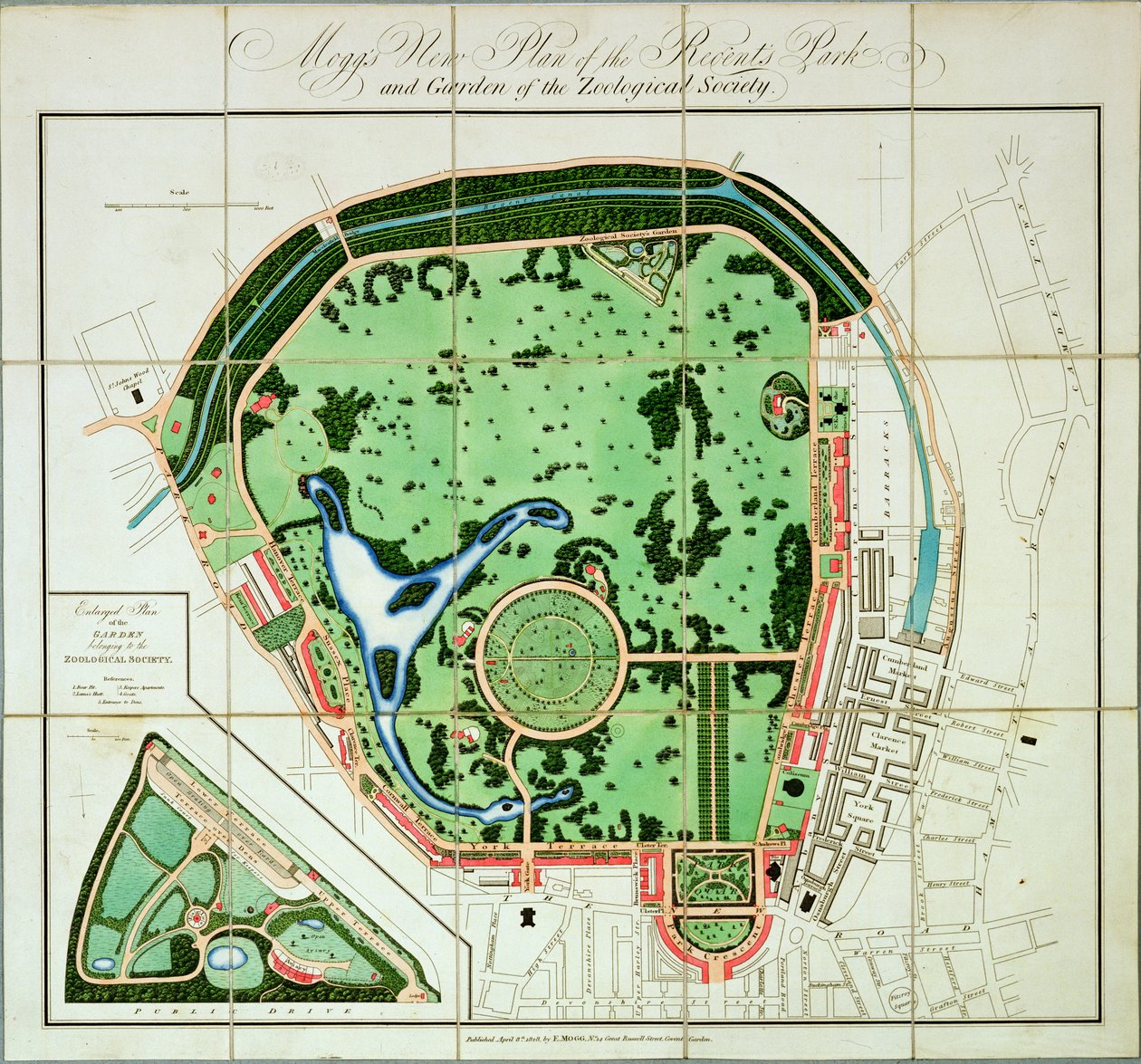 Moggs Nowy plan parku i ogrodu Regents Towarzystwa Zoologicznego, wyd. Edwarda Mogga, 1828 autorstwa English School