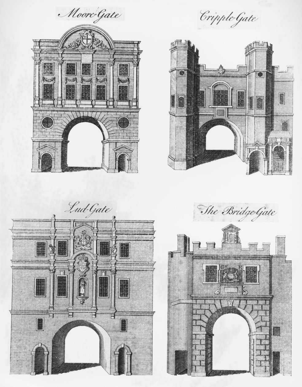 Moorgate, Cripplegate, Ludgate i The Bridgegate autorstwa English School