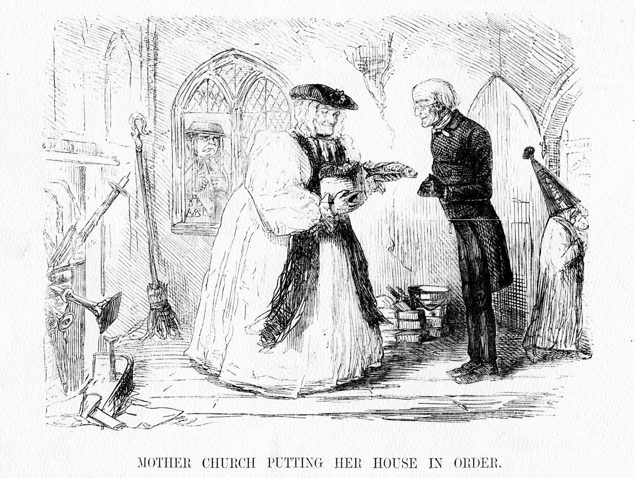 Matka kościół porządkujący swój dom, rysunek z „Punch”, 1850 autorstwa English School