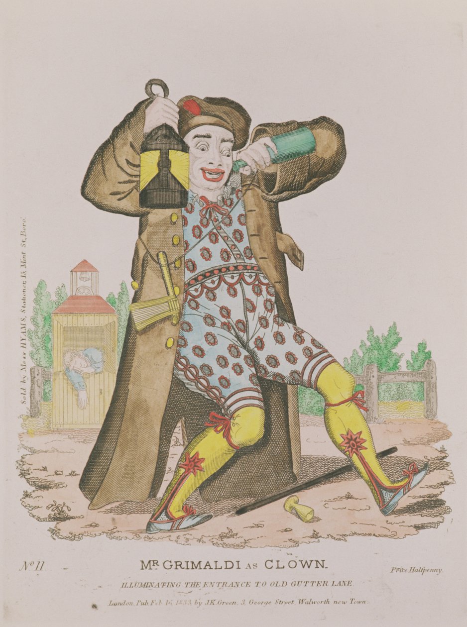 Mr Grimaldi jako Clown, oświetlający wejście do Old Gutter Lane, wyd. 1833 autorstwa English School