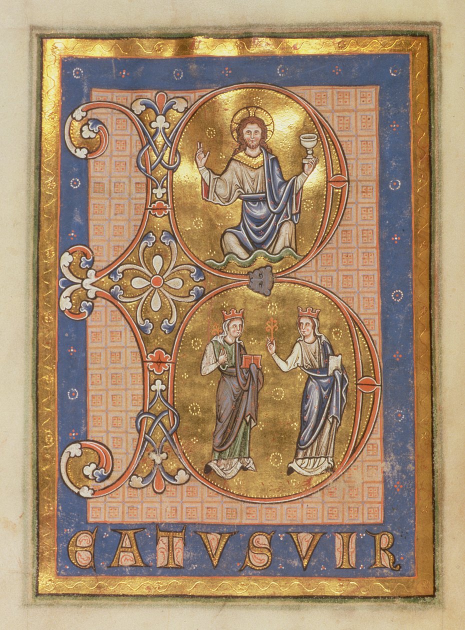 Ms 12 f.12v Inicjał B przedstawiający, u góry: Chrystus siedzący, u dołu: dwie kobiety reprezentujące Miłosierdzie i Prawdę, z psałterza Peterborough, ok. 1260 autorstwa English School