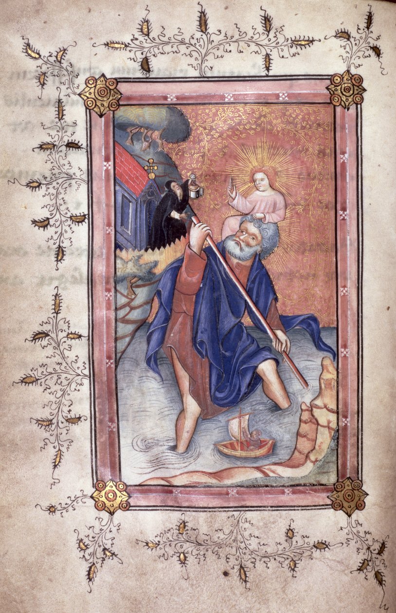 Ms 49 f.28v Św. Krzysztof niosący Chrystusa przez rzekę (vellum autorstwa English School