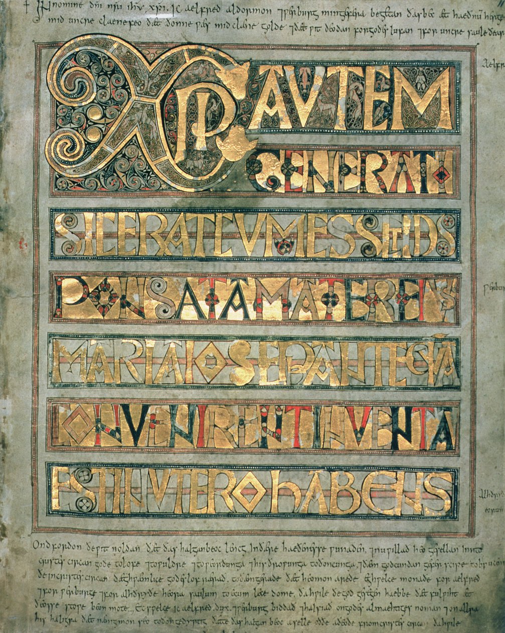 Ms A 135 f.11r Tekst iluminowany, strona początkowa `Xpi do św. Mateusza, z Kodeksu Sztokholmskiego Aureus, c.750 autorstwa English School