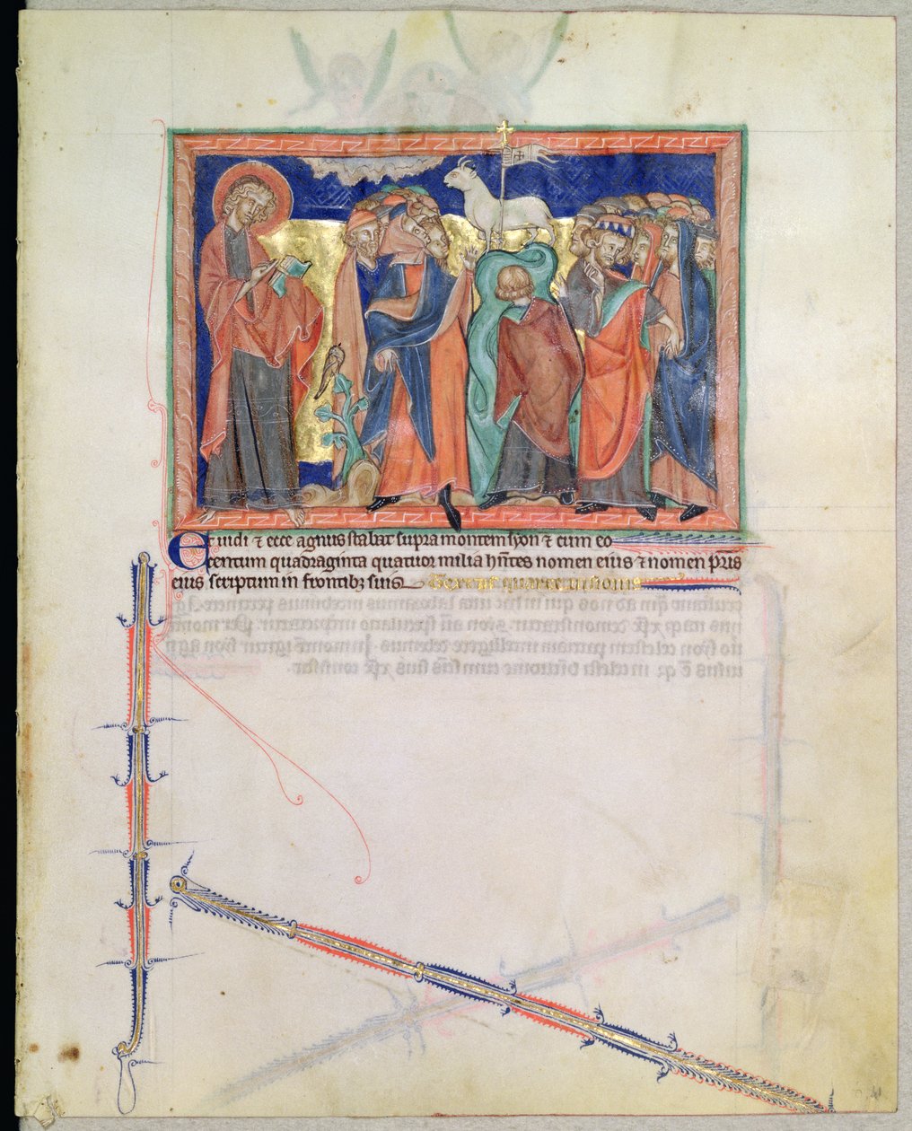 Ms L.A. 139-Lisboa fol.41 Św. Jan Ewangelista oglądający czterdzieści cztery tysiące czczących Baranka na Górze Syjon, z Apokalipsy Gulbenkian, ok. 1265-70 autorstwa English School