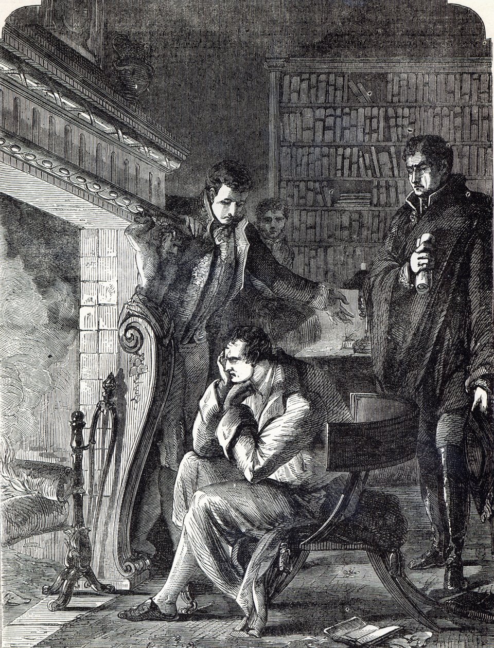 Наполеон 1814 оны 4-р сарын 20-нд хаан ширээнээсээ бууж, Фонтенблог орхихын өмнөх шөнө галын дэргэд эргэлзэж байна autorstwa English School