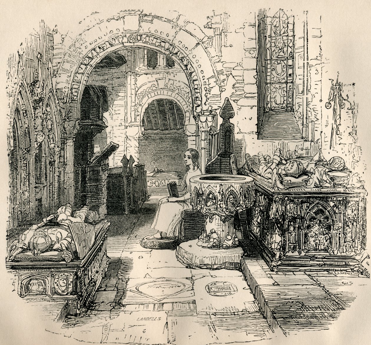 Nell Trent siedząca w starym kościele, z „The Old Curiosity Shop” Charlesa Dickensa autorstwa English School