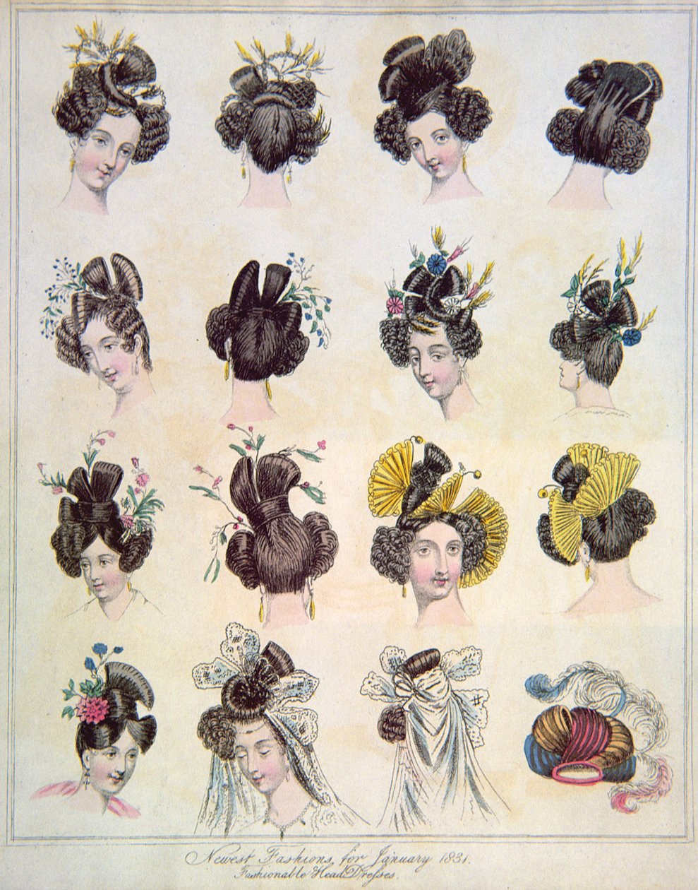 Najnowsze mody na styczeń 1831 r., Modne nakrycia głowy z tomu VIII The World of Fashion i Continental Fenilletons, wyd. 1831 autorstwa English School