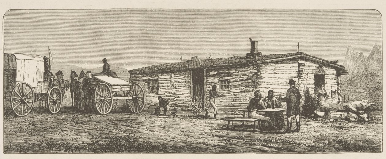 Stara stacja pocztowa na prerii, niedaleko Denver, ok. 1870, z „American Pictures”, wydanej przez The Religious Tract Society, 1876 autorstwa English School