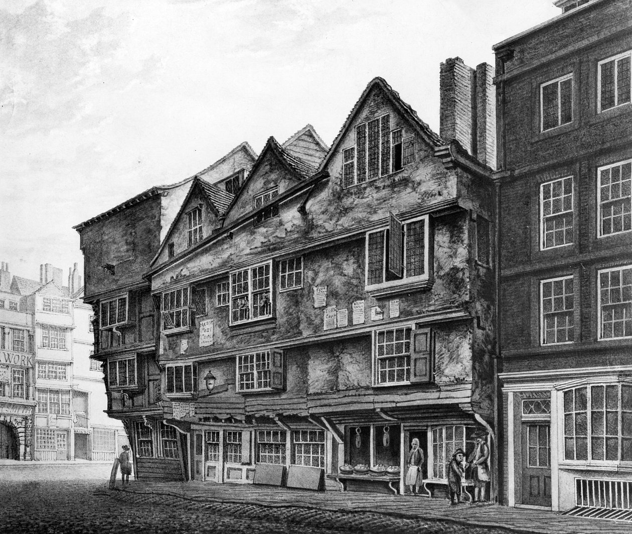 Stare domy i fasady sklepów na Chancery Lane, Londyn, 1798 r. autorstwa English School
