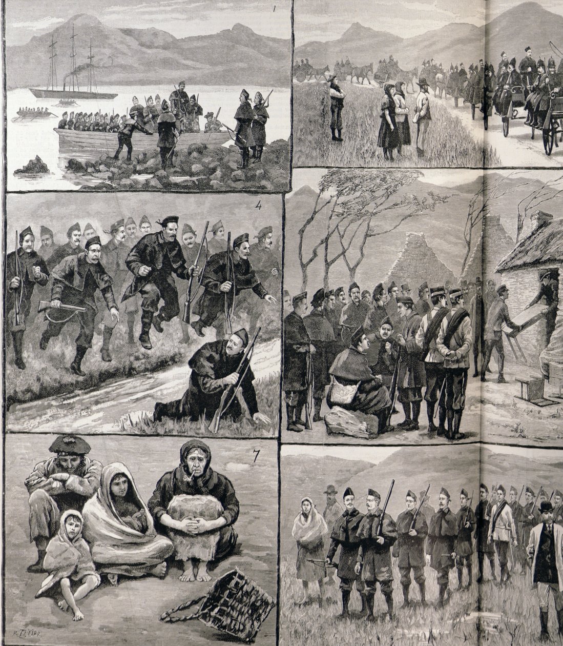 O obowiązku eksmisji w Irlandii: szkice w Galway z siłami wojskowymi i policyjnymi, z „The Illustrated London News”, 5 stycznia 1886 (szczegóły 127867) autorstwa English School