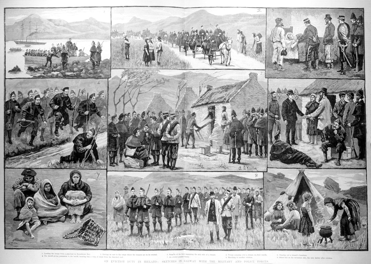 O obowiązku eksmisji w Irlandii: szkice w Galway z siłami wojskowymi i policyjnymi, z „The Illustrated London News”, 5 stycznia 1886 autorstwa English School