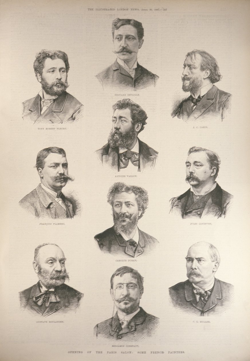 Otwarcie Salonu Paryskiego: Niektórzy malarze francuscy z „The Illustrated London News”, 30 kwietnia 1887 r. autorstwa English School