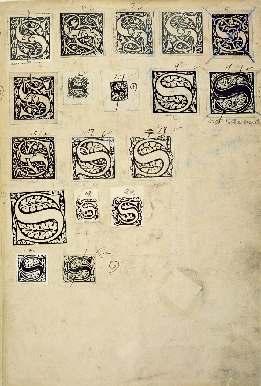 Strona ze wzornika z próbnymi listami próbnymi, z Kelmscott Press (drewnodruk) autorstwa English School