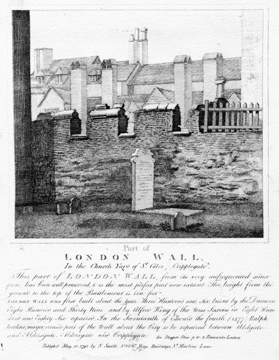 Część londyńskiego muru, In the Church Yard of St. Giles, Cripplegate, opublikowana w 1792 r. autorstwa English School