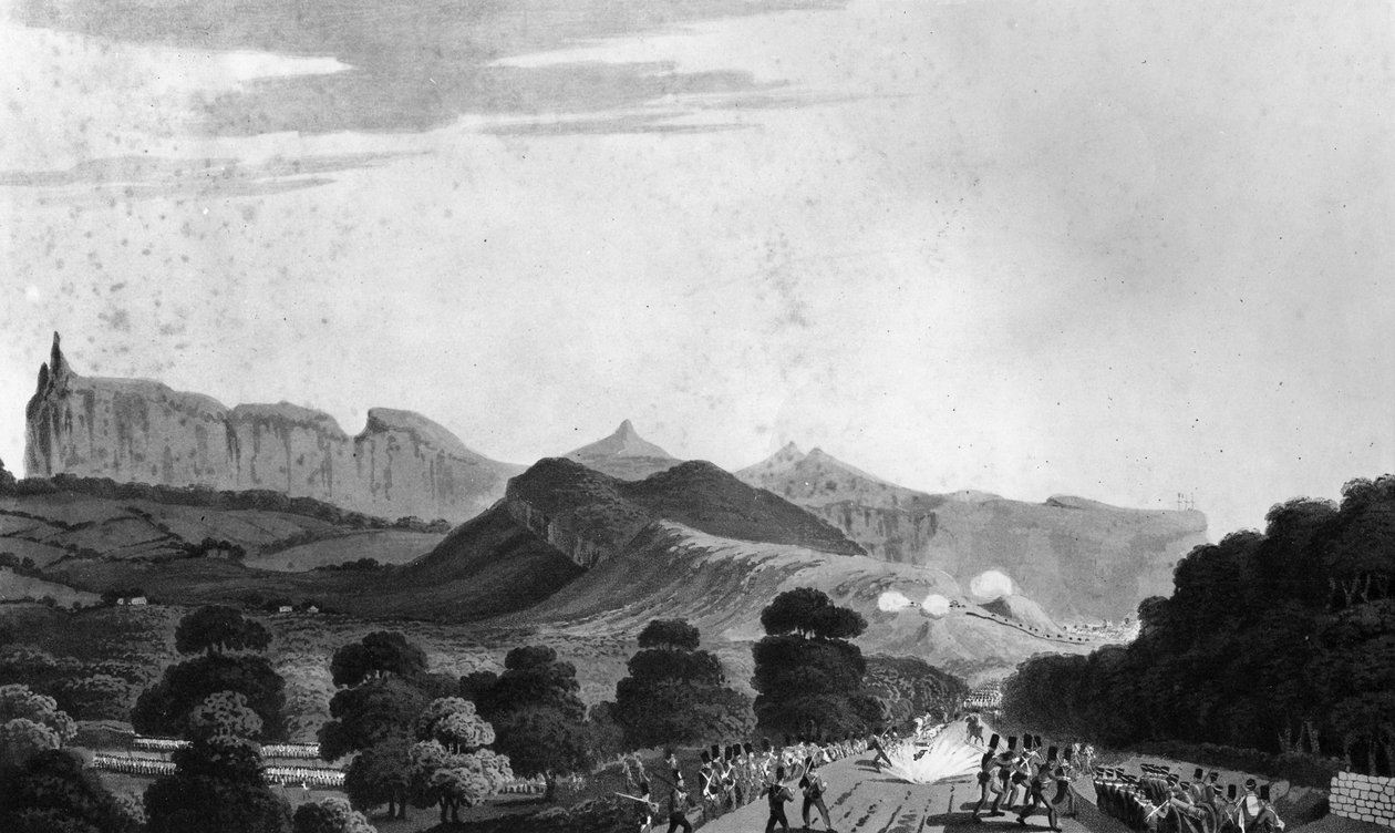 Część armii brytyjskiej formującej się przed Port Louis, rytowana przez I. Clarka, 1813 (akwatinta) autorstwa English School