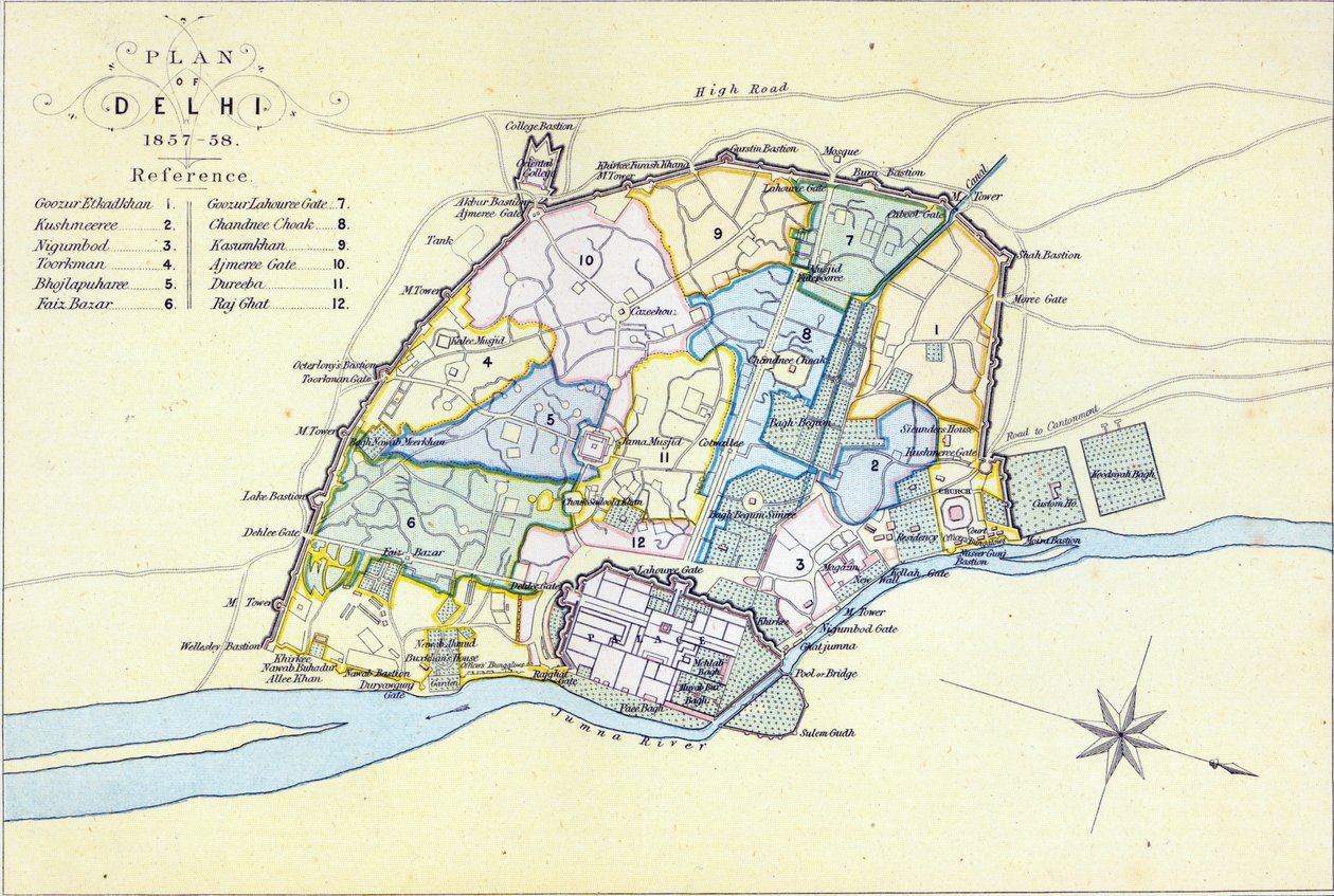 Plan Delhi 1857-58, ryty przez Guyot und Wood, wyd. William Mackenzie, Edynburg, ok. 1860 r. autorstwa English School