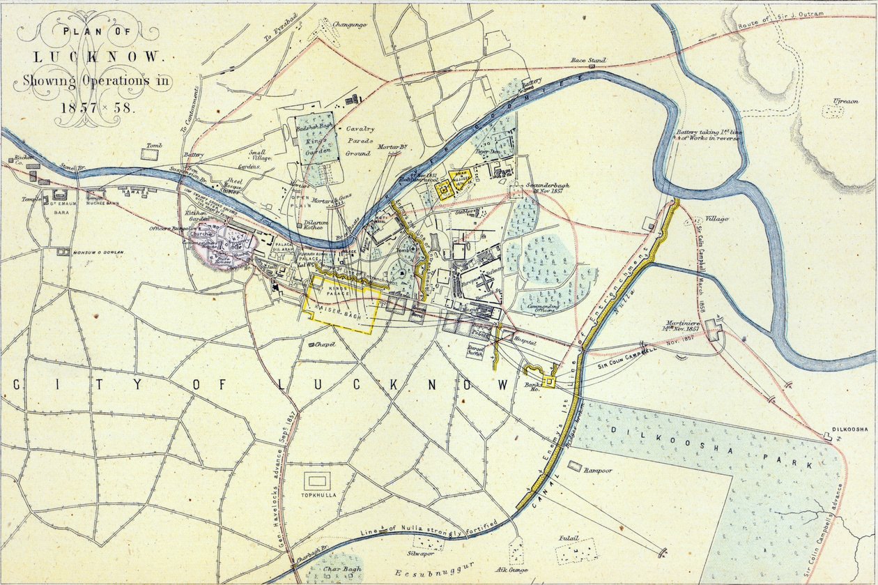 Plan Lucknow przedstawiający operacje w latach 1857-58, wyd. przez Williama Mackenzie, c.1860 autorstwa English School