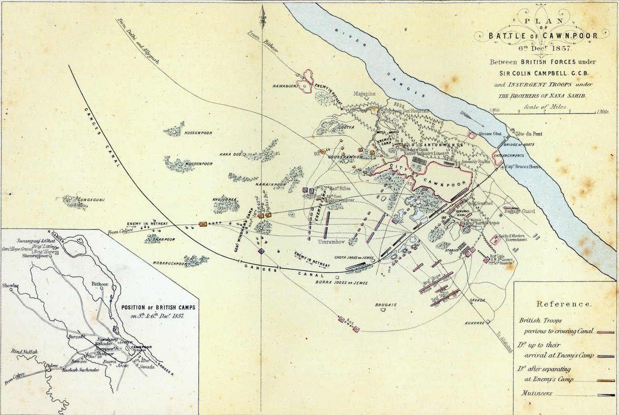 Plan bitwy pod Cawnpoor, 6 grudnia 1857 r., wyryty przez Guyot und Wood, wydany przez Williama Mackenzie, ok. 1860 r. autorstwa English School