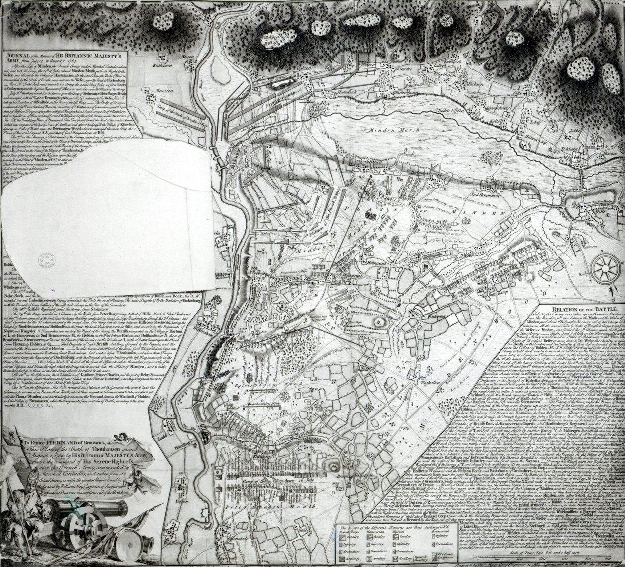 Plan bitwy pod Minden, narysowany przez kapitana Williama Roya i wygrawerowany przez Thomasa Majora, 1760 autorstwa English School