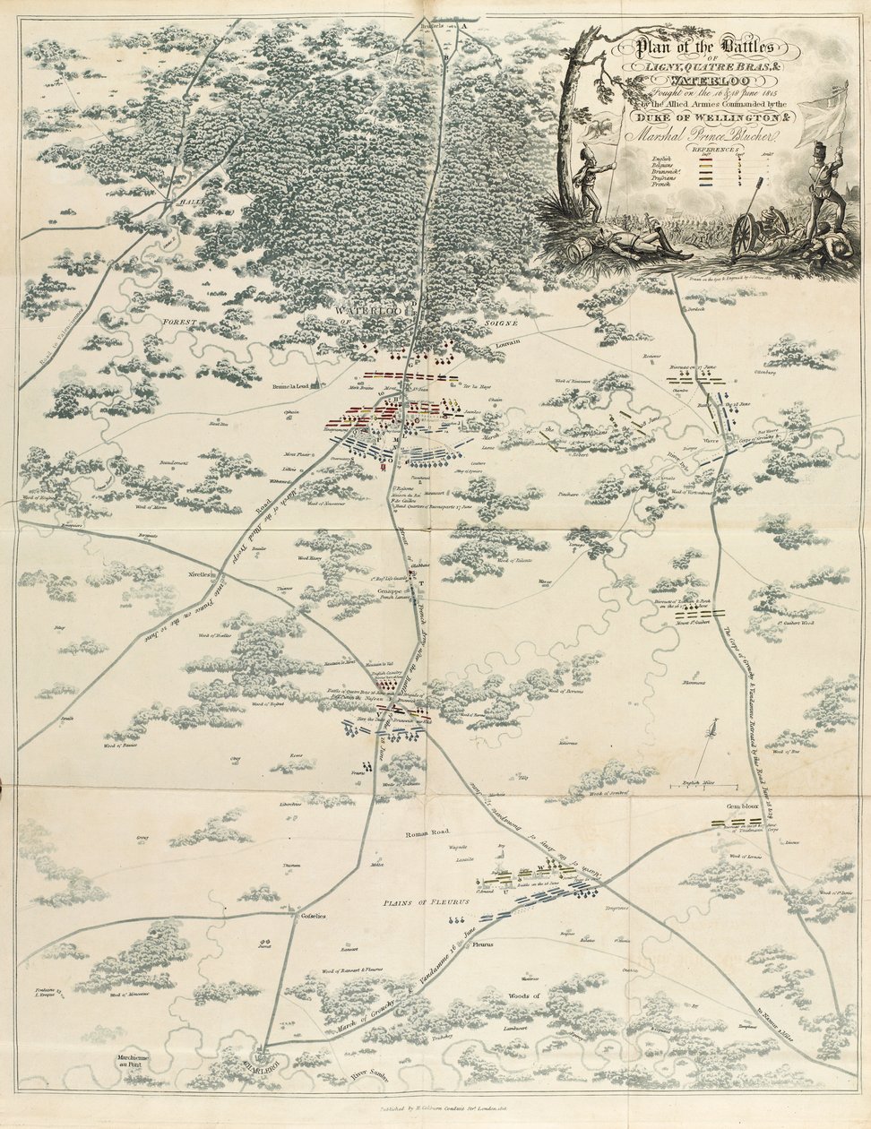 Plan bitew pod Ligny, Quatre Bras i Waterloo stoczonych 16 i 18 czerwca 1815 r. przez wojska alianckie dowodzone przez księcia Wellington i marszałka księcia Blüchera, z „Relacji historycznej autorstwa English School