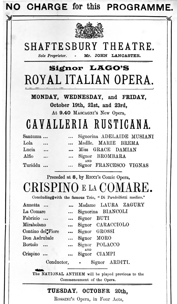Playbill reklamujący przedstawienie „Cavalleria Rusticana” i „Crispino e la Comare” w Shaftesbury Theatre, 1891 (papier drukowany) autorstwa English School
