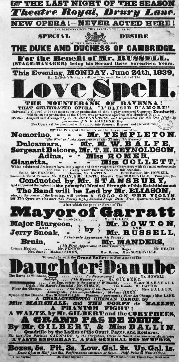 Playbill zapowiadający przedstawienie "Zaklęcia miłosnego" na życzenie księcia i księżnej Cambridge, 1839 (papier drukowany) autorstwa English School