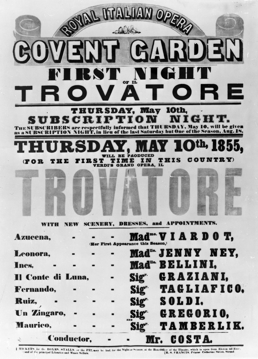 Playbill dla Royal Italian Opera w Covent Garden, 1855 (papier drukowany) autorstwa English School
