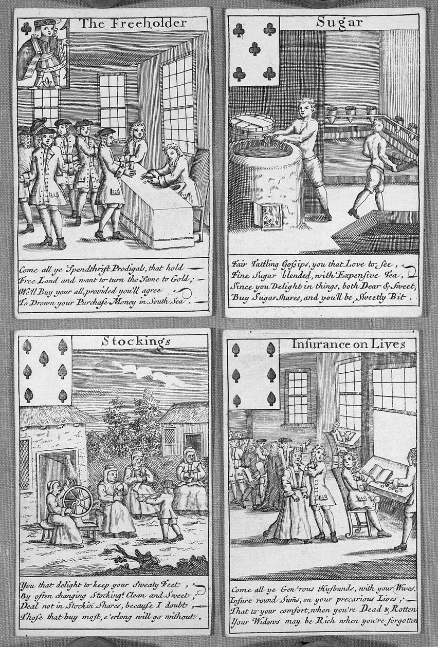 Karty do gry przedstawiające bieżące przedsięwzięcia komercyjne, ok. 1720 (druk) autorstwa English School