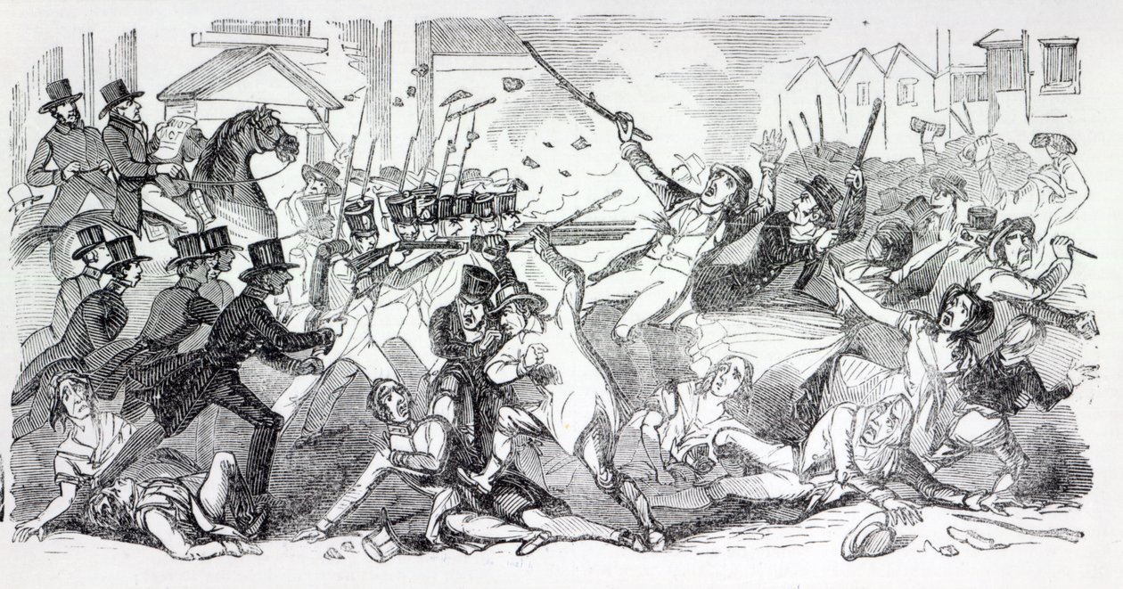 Plug Plot Riot w Preston, ilustracja z „The Illustrated London News”, sierpień 1842 r. autorstwa English School