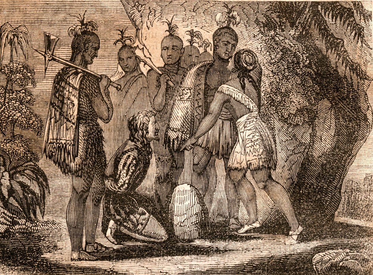 Pocahontas wstawia się za życiem Smitha w 1607 r., ilustracja z „Opowieści podróżników” lub „Widok ze świata”, opublikowana w 1838 r. autorstwa English School