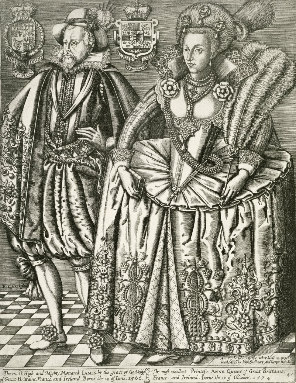 Portret Jakuba I (1566-1625) i Anny Duńskiej (1574-1619) strona tytułowa z Księgi Królewskiej, rytowany przez Renolda Elstracka (1571-c.1630) 1618 autorstwa English School