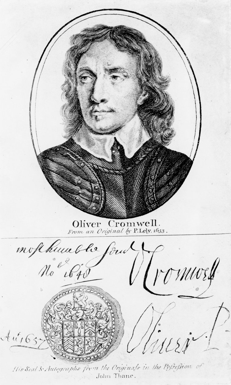 Portret Olivera Cromwella (1599-1658) z oryginału autorstwa Petera Lely z 1653 roku oraz jego pieczęć i autografy autorstwa English School