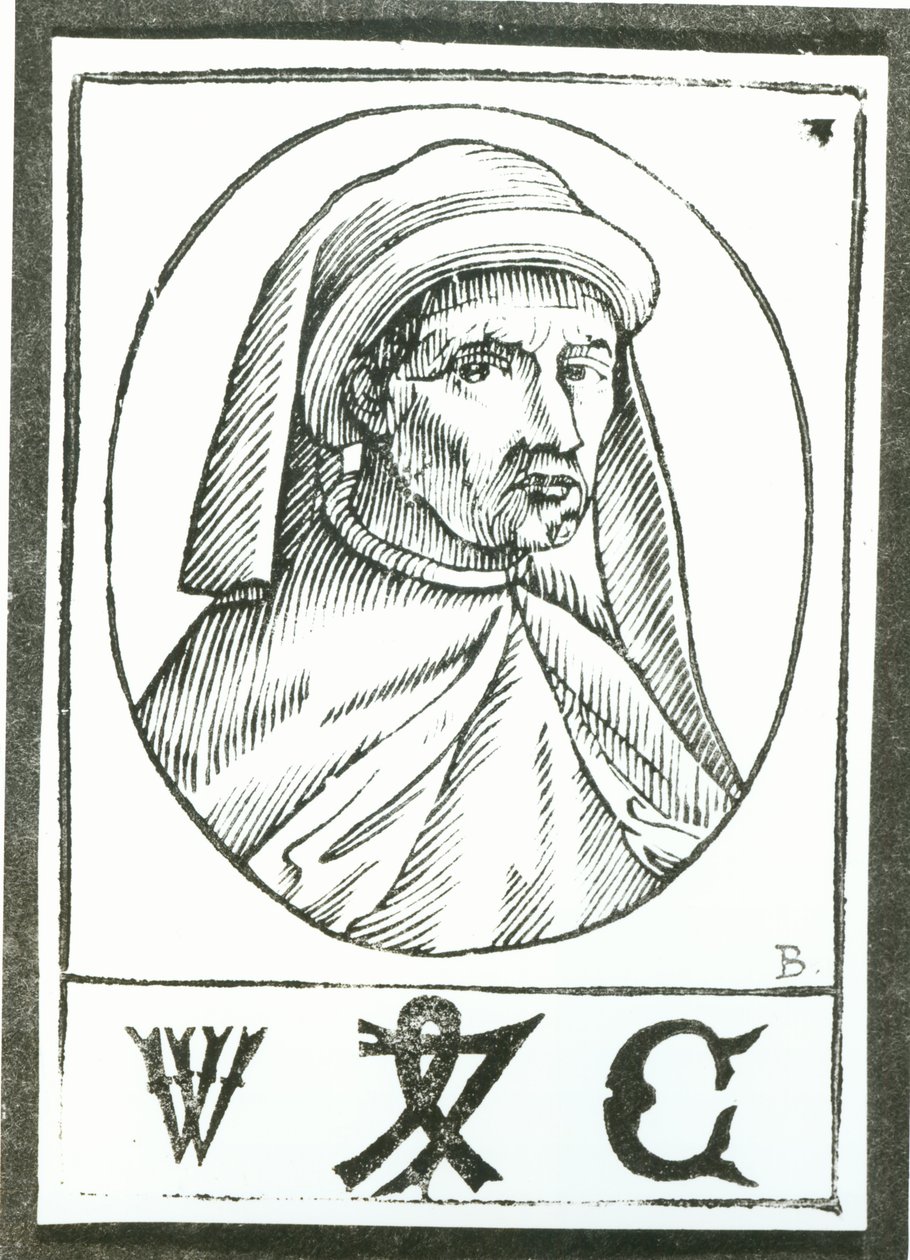 Portret Williama Caxtona (ok. 1422-91) i jego znak drukarza autorstwa English School