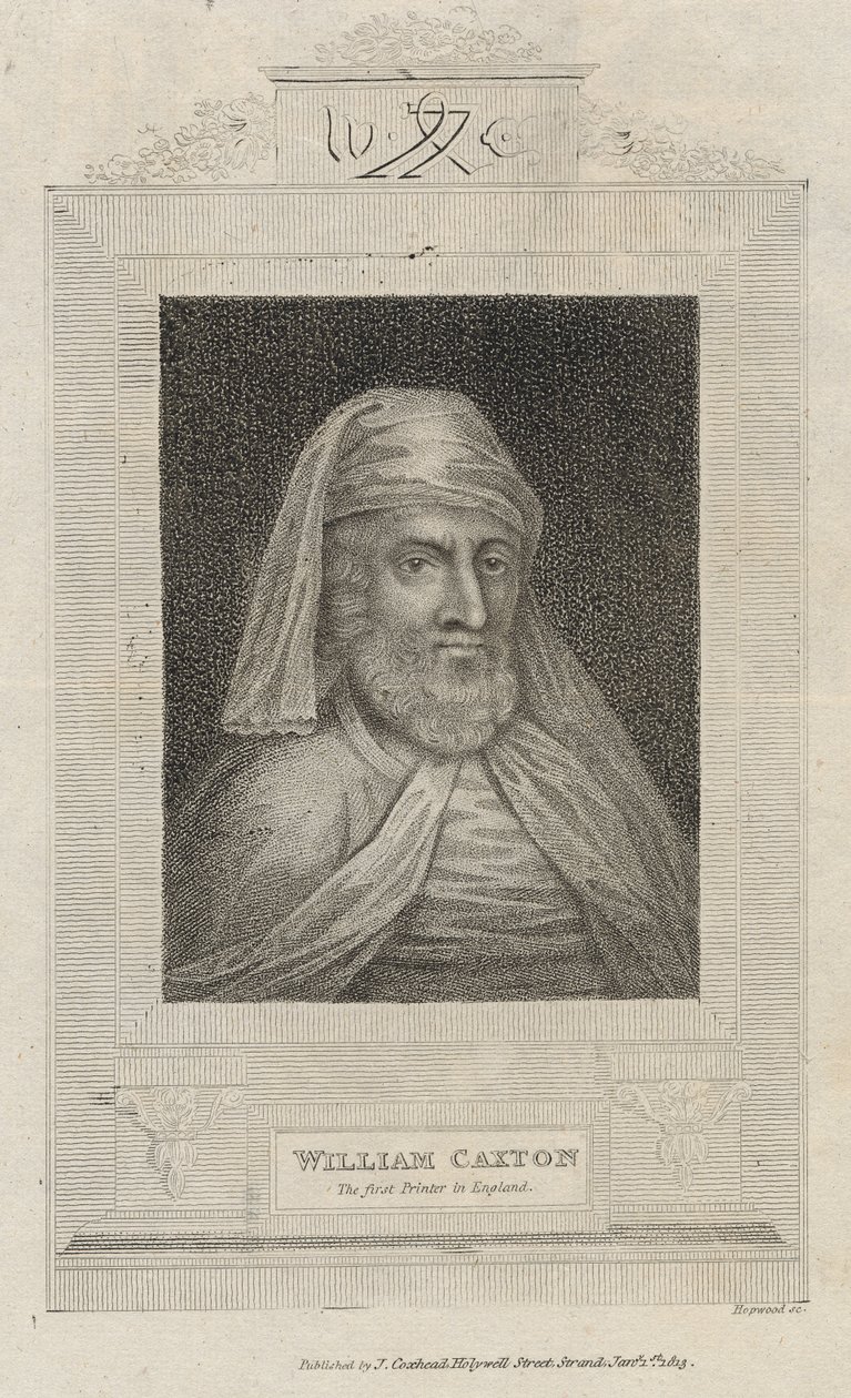 Portret Williama Caxtona (ok. 1422-91) i jego znak drukarza autorstwa English School