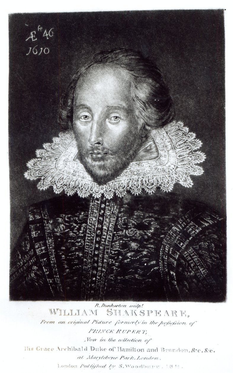 Portret Williama Szekspira (1564-1616), sztychowany przez Roberta Dunkartona (1744-1817), wydany przez S. Woodburna, 1811 autorstwa English School