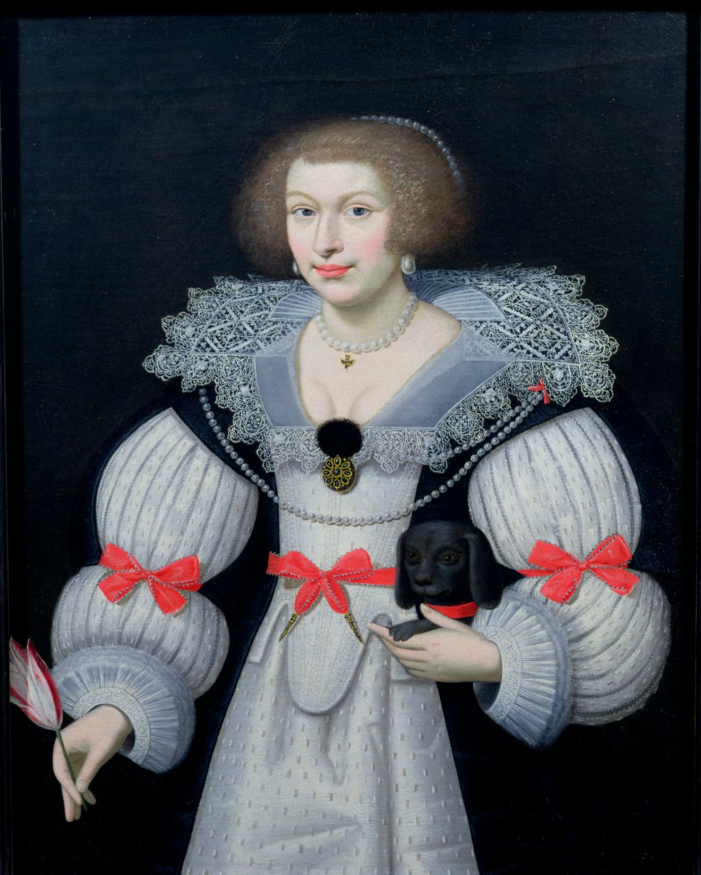 Portret damy trzymającej psa i tulipana, ok. 1620 autorstwa English School