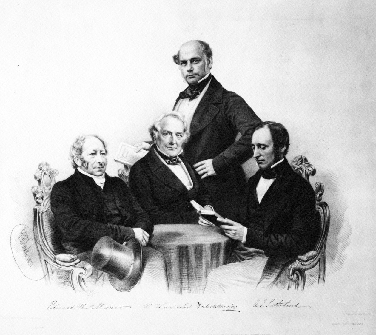 Portret lekarzy: Edward Monro, William Lawrence, Forbes Winslow i A. J. Sutherland, 1857 r. autorstwa English School