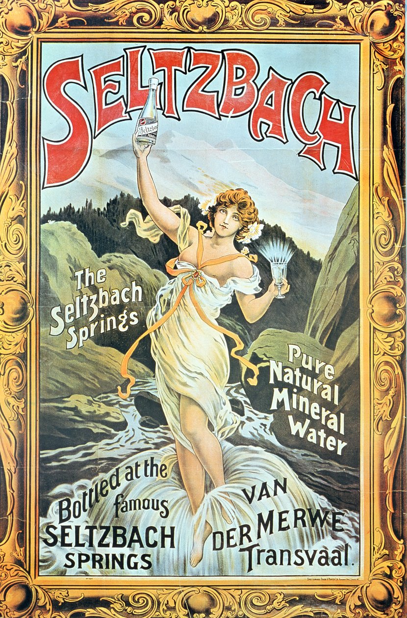 Plakat reklamujący czystą naturalną wodę mineralną „Seltzbach” ze źródeł Seltzbach, Van der Merwe, Transwal, lata 90. XIX wieku autorstwa English School
