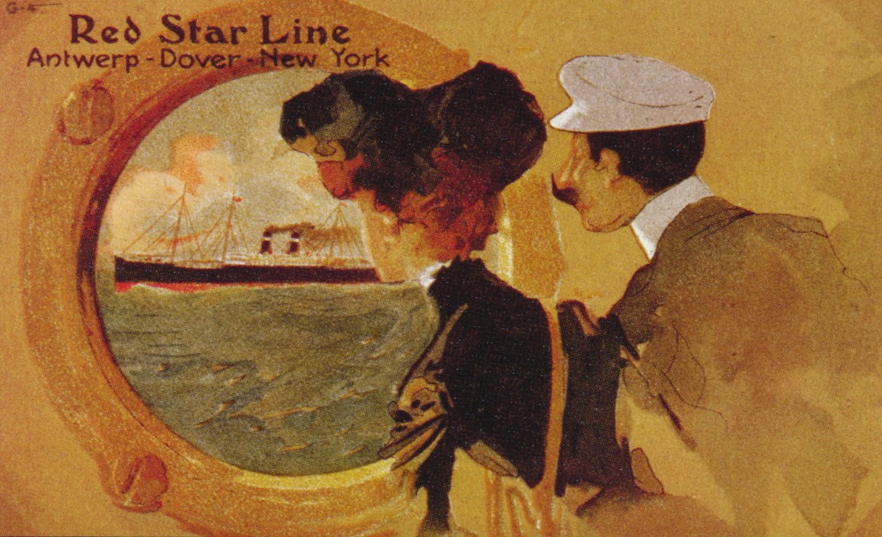 Plakat reklamujący „Red Star Line” z Antwerpii do Nowego Jorku przez Dover autorstwa English School