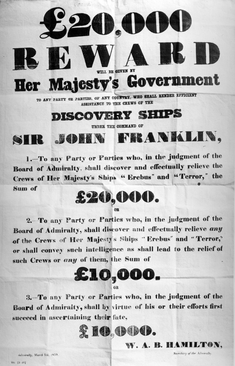 Plakat oferujący nagrodę za odnalezienie zaginionej ekspedycji Franklin Artic Expedition, 1850 (papier drukowany) autorstwa English School