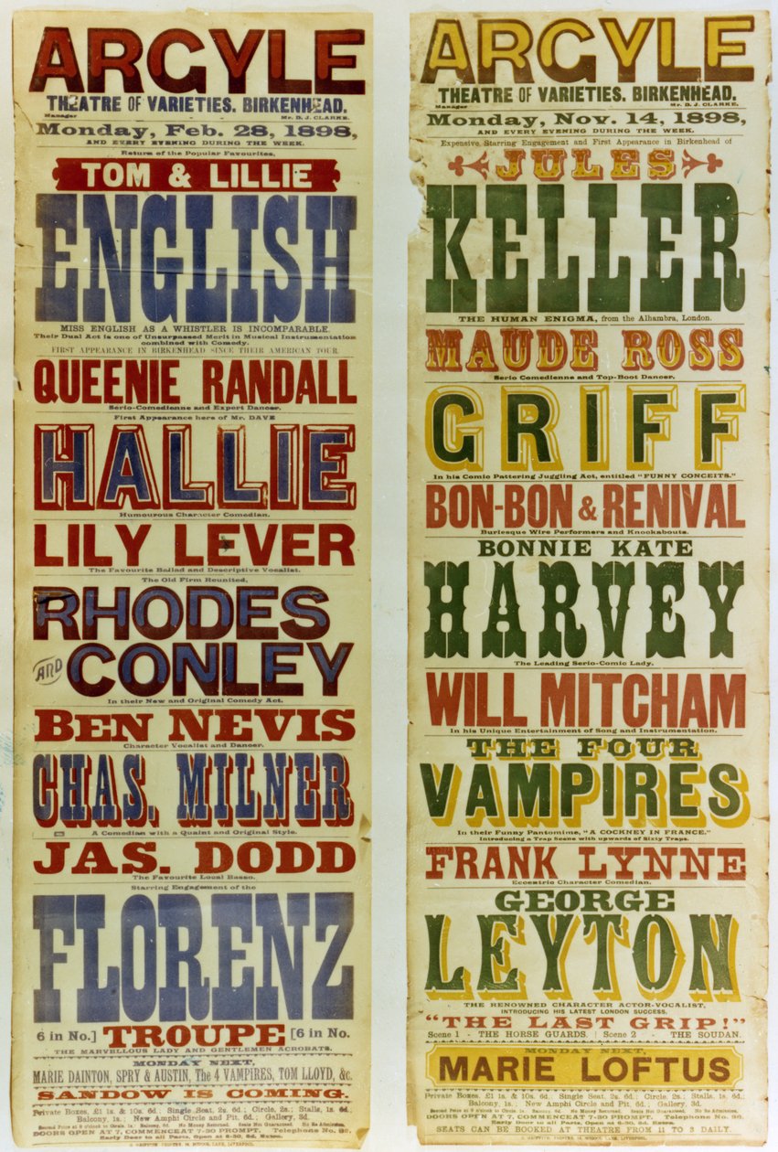 Plakaty do Teatru Rozmaitości Argyle, Birkenhead, 1898 autorstwa English School