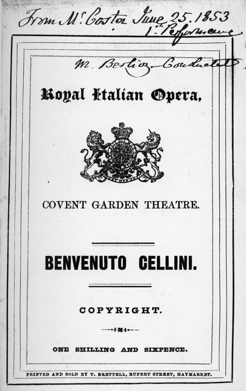 Program do opery „Benvenuto Cellini” Berlioza wystawionej w 1853 r. (papier drukowany) autorstwa English School