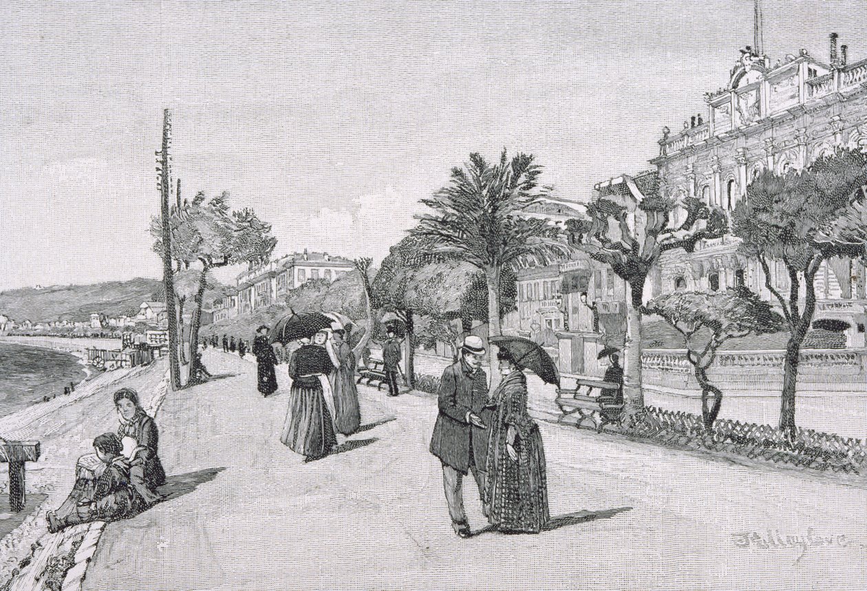 Promenade des Anglais, Nicea, Francja, z „Malowniczego Morza Śródziemnego”, tom 3, wyd. Cassell and Co. Ltd., lata 80.-90. autorstwa English School