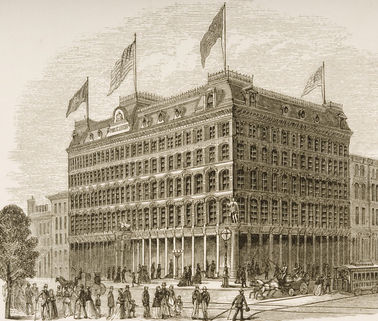 Public Ledger Building, Filadelfia, ok. 1870, z „American Pictures” opublikowanej przez religijne Towarzystwo Traktu, 1876 autorstwa English School